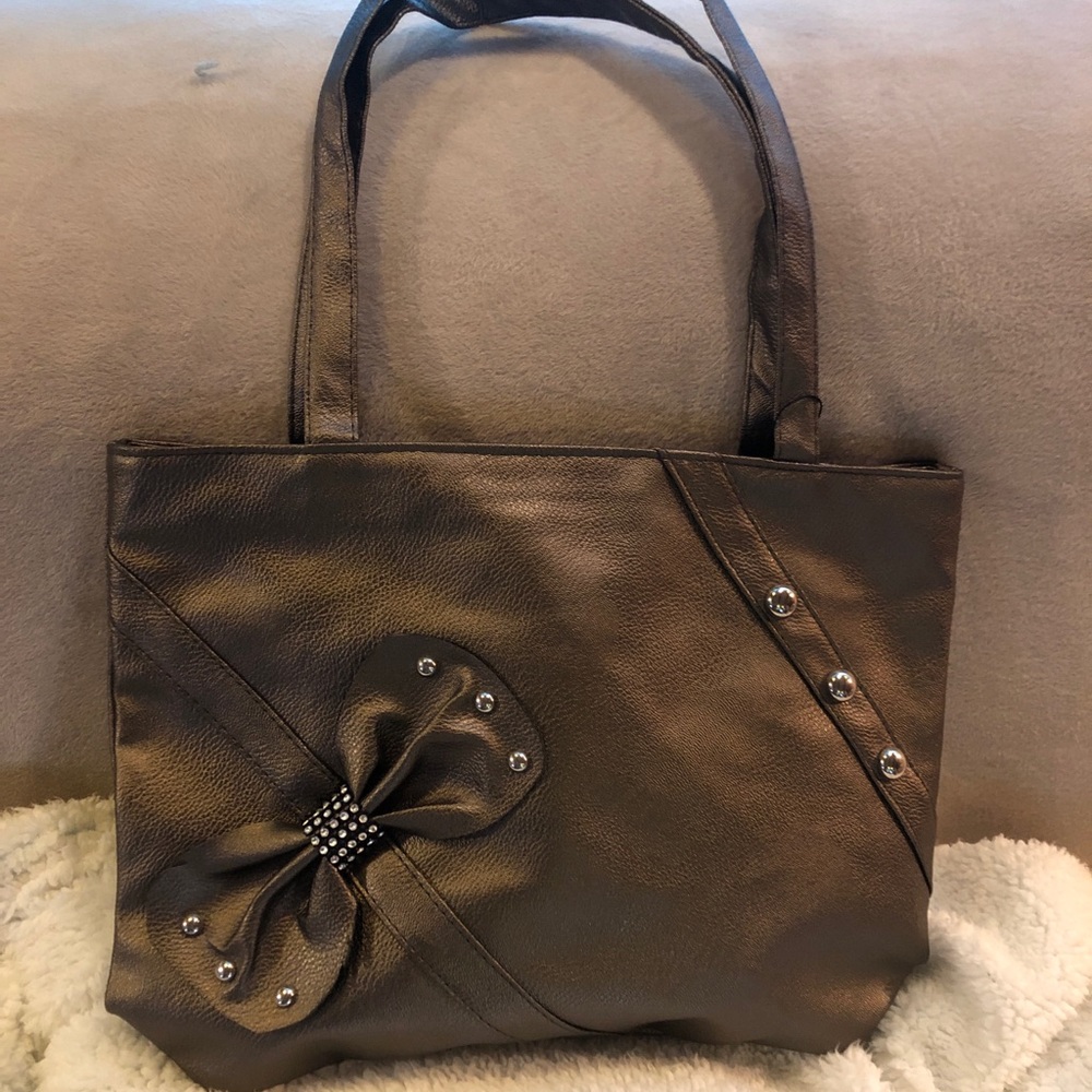 PU Leather Tote. Dark silver with Rhinestone Bow